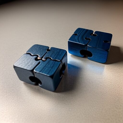 Two dark blue 3D puzzle pieces recomposed, symbolizing business matchmaking